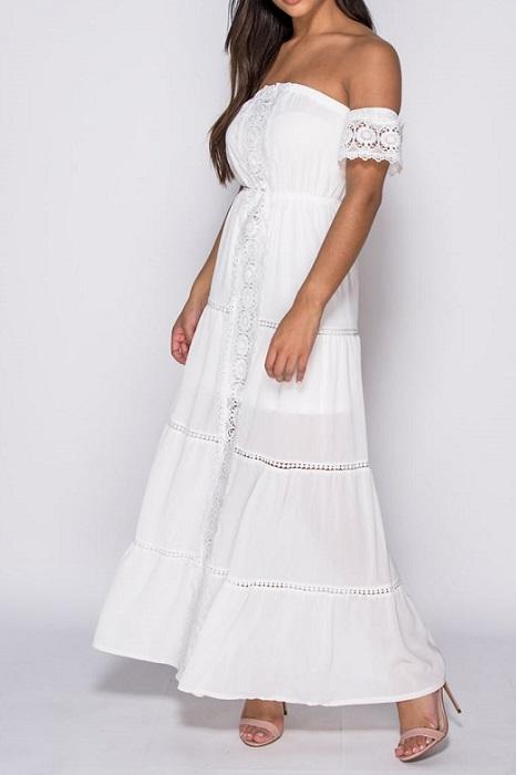 White Lace Trim Bardot Maxi Dress ...
